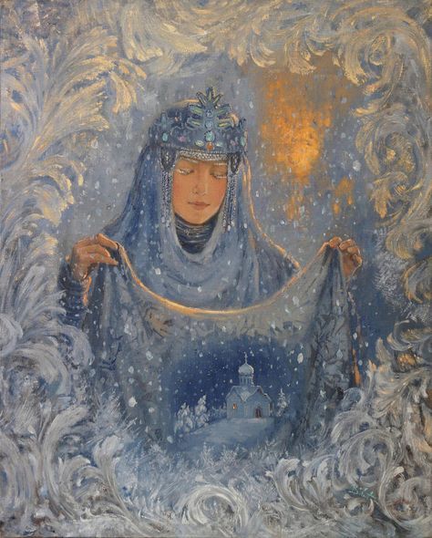 Vrouw Holle, Germaanse Godin van de Onderwereld en Moedernacht, symbolisch afgebeeld met sneeuw en wintermist.